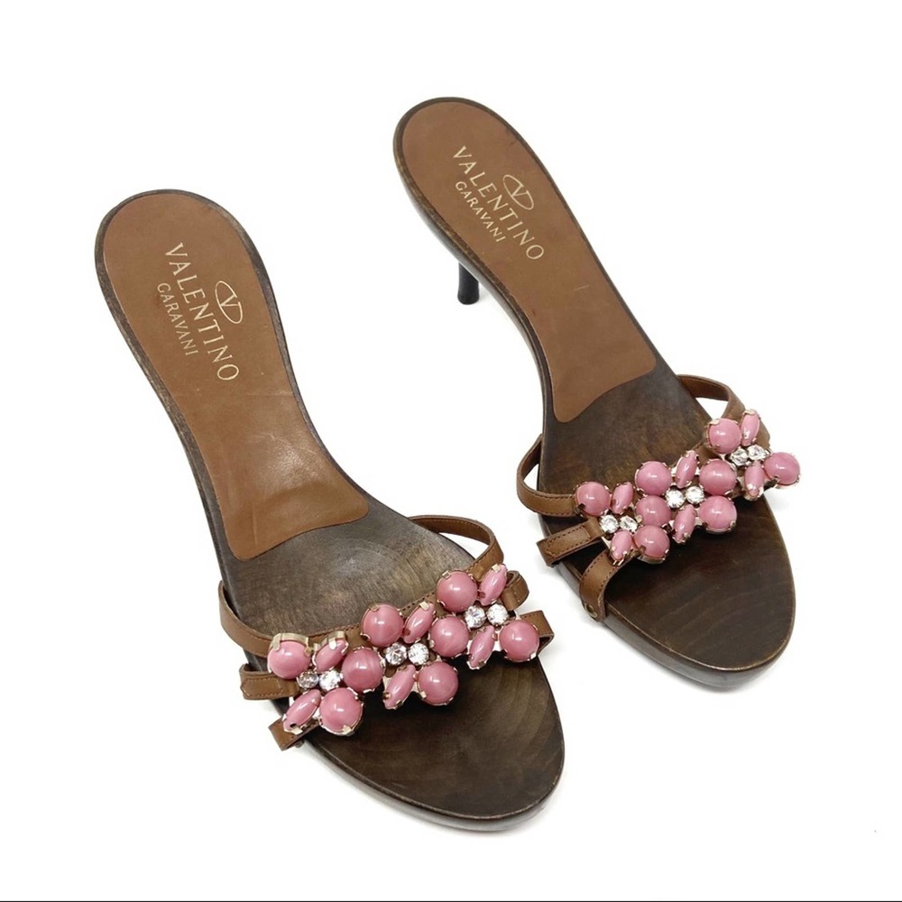 Valentino Garavani Brown Leather Mules with Pink Beaded Embellishment